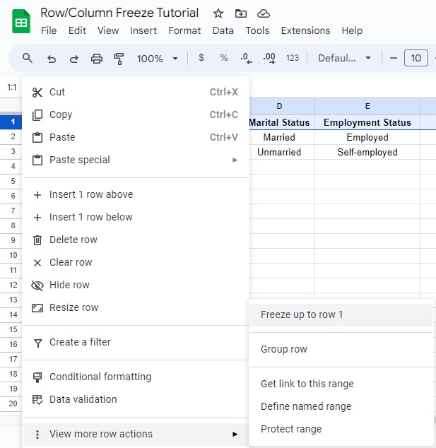 shortcut to freeze row or column